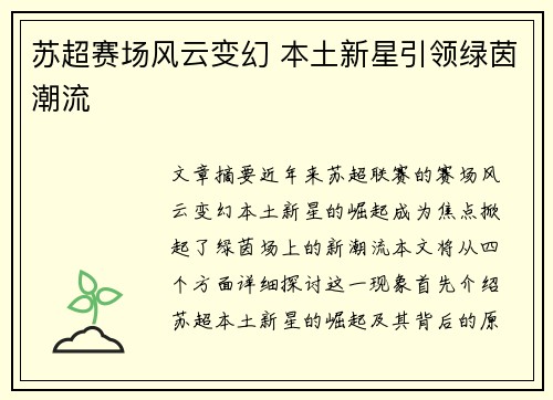 苏超赛场风云变幻 本土新星引领绿茵潮流